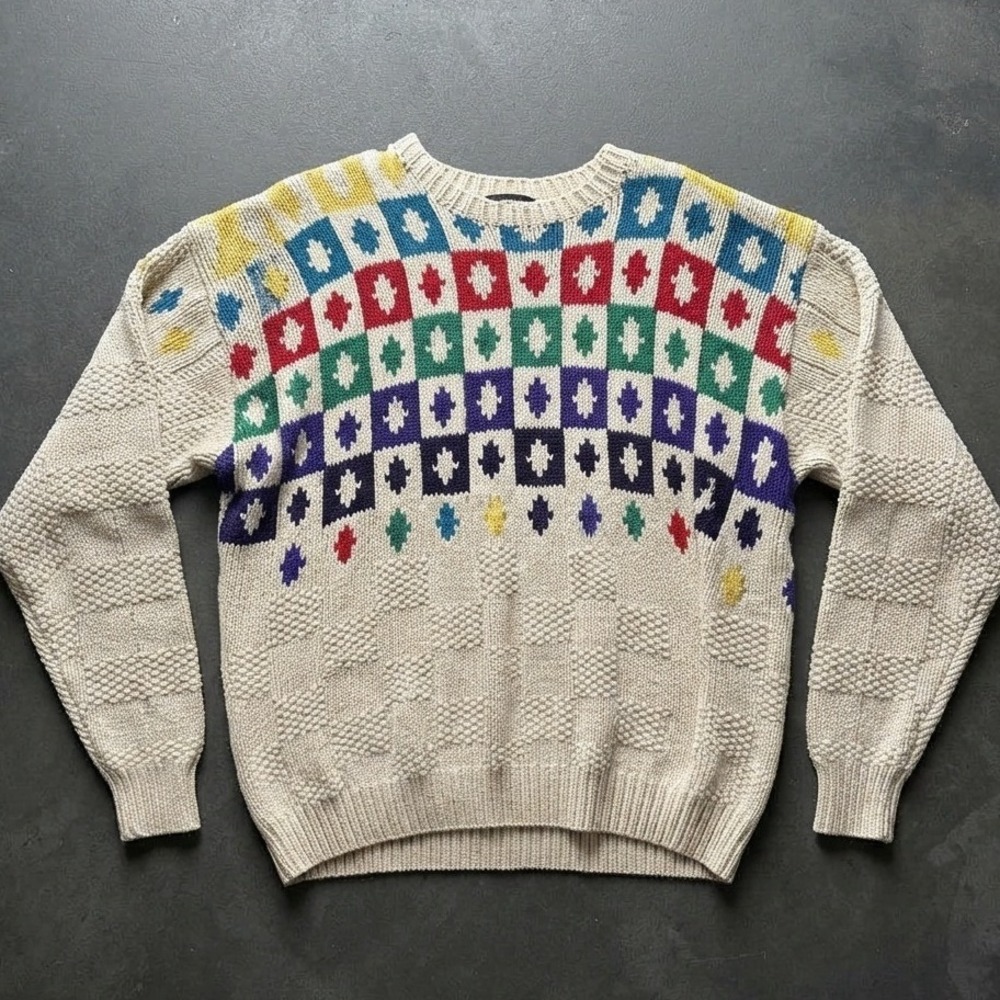vtg hand knit Sweater Cotton Geometric Intarsia chunky knit fisherman coogi
